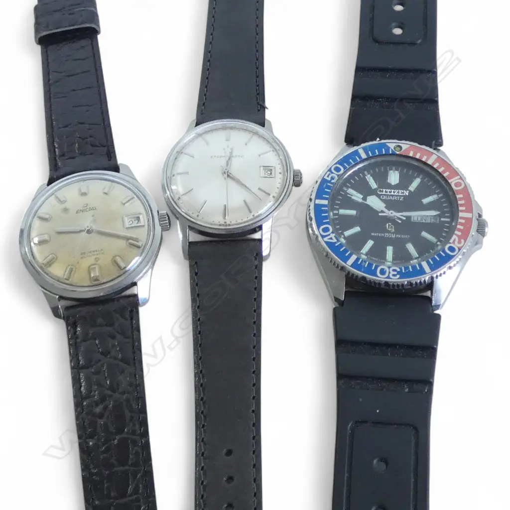 3 VINTAGE GENT'S WRIST WATCHES: CITIZEN QUARTZ, ENICAR, ETERNA-MATIC Image 1++