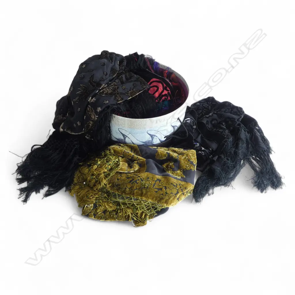NINE VELVET AND FRINGED SCARVES - VARIOUS COLOURS - IN HATBOX Image 1++