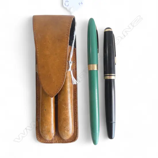 2 FOUNTAIN PENS IN LEATHER CASE; MONT BLANC & SHEAFFERS both with 14k nibs