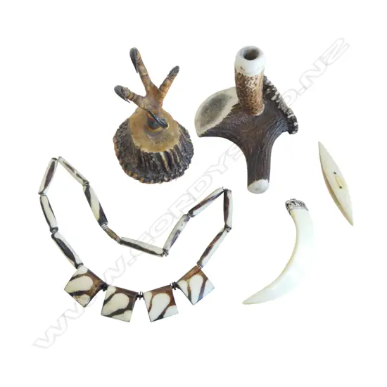 ASST. COLLECTABLES; 2 HORN PCES, NECKLACE, TUSK PENDANT & OTHER BONE