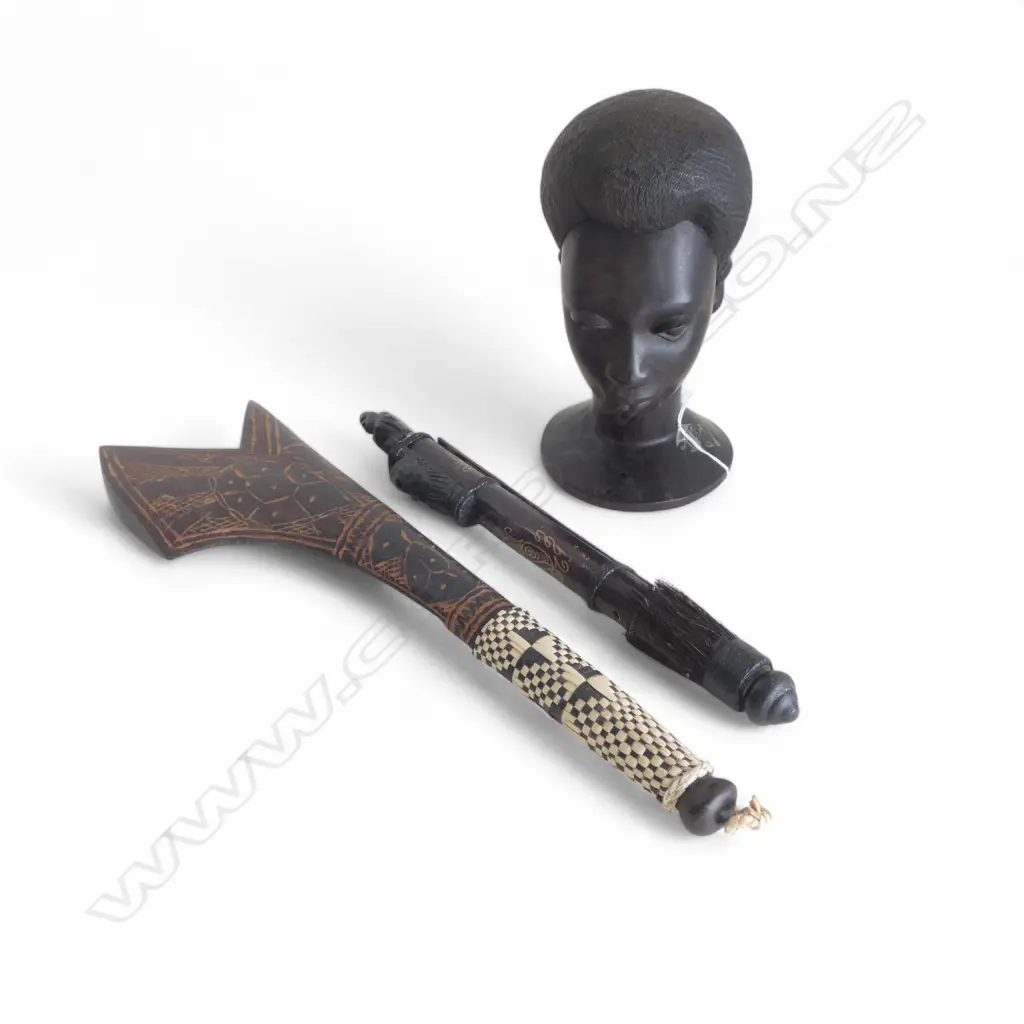 HARDWOOD AFRICAN BUST, SAMOAN AXE + PNG BLOWGUN Image 1++