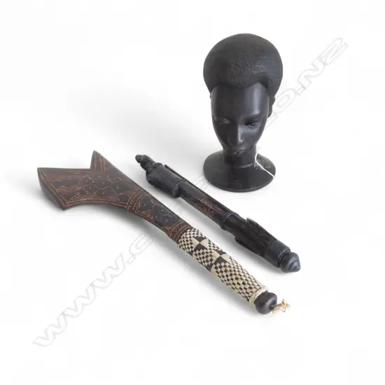 HARDWOOD AFRICAN BUST, SAMOAN AXE + PNG BLOWGUN