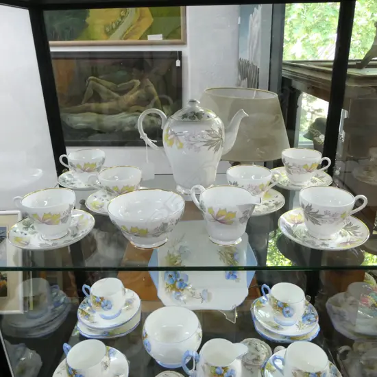 SHELLEY CHINA COFFEE SET COFFEE POT C/SUGAR 6C/SS COLINBINE PAT