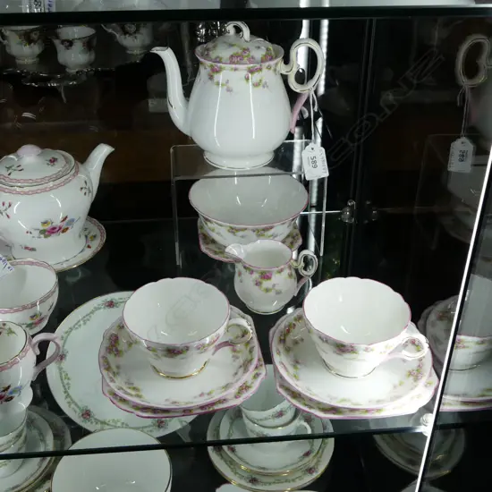 SHELLEY CHINA 2 PERSON TEASET TEAPOT C/SUGAR 2 CSPS & DISH PINK ROSE PAT