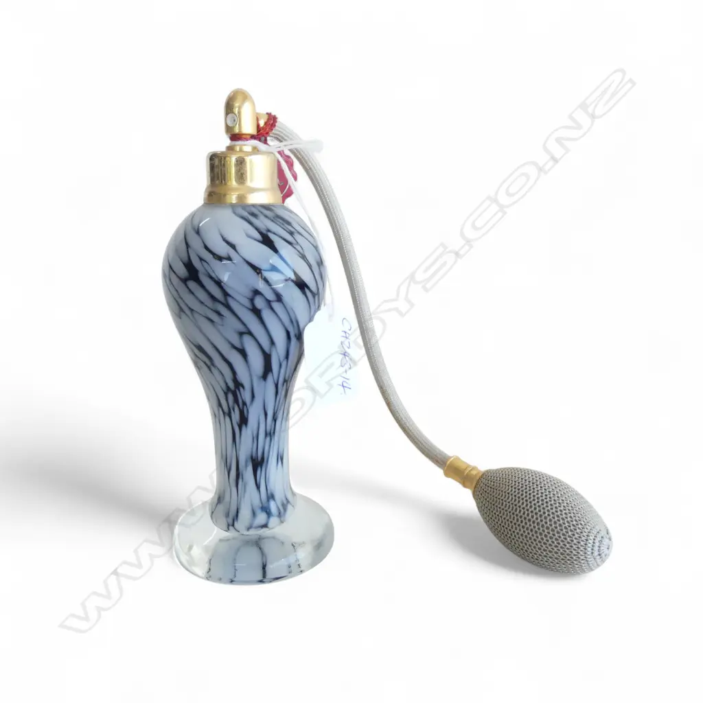 VINTAGE 'Jiona' West German BLACK & WHITE FLECKED GLASS IN CLEAR TALL ATOMISER PERFUME BOTTLE with puffer H.170mm Image 1++