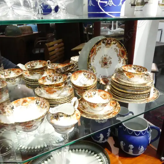 PART ANTIQUE SAMUEL RADFORD CHINA TEA SET, CHINOISERIE PATTERN, PLATES, C/S, M/S