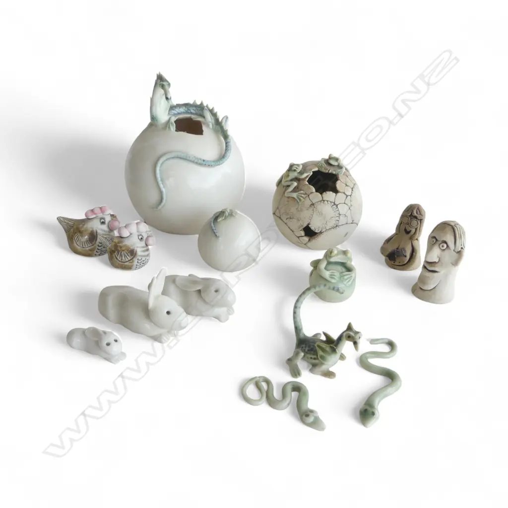 A GROUP OF 14 CERAMIC ANIMAL FIGURINES BY VARIOUS MAKERS INCL FROGS DRAGONS HENS SNAKES AND RABBITS Image 1++