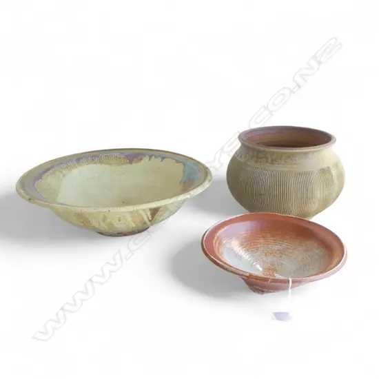 3 PCES NZ STUDIO POTTERY; SHINO BOWL 240mm dia rim chip, POT, LG BOWL 415mm dia