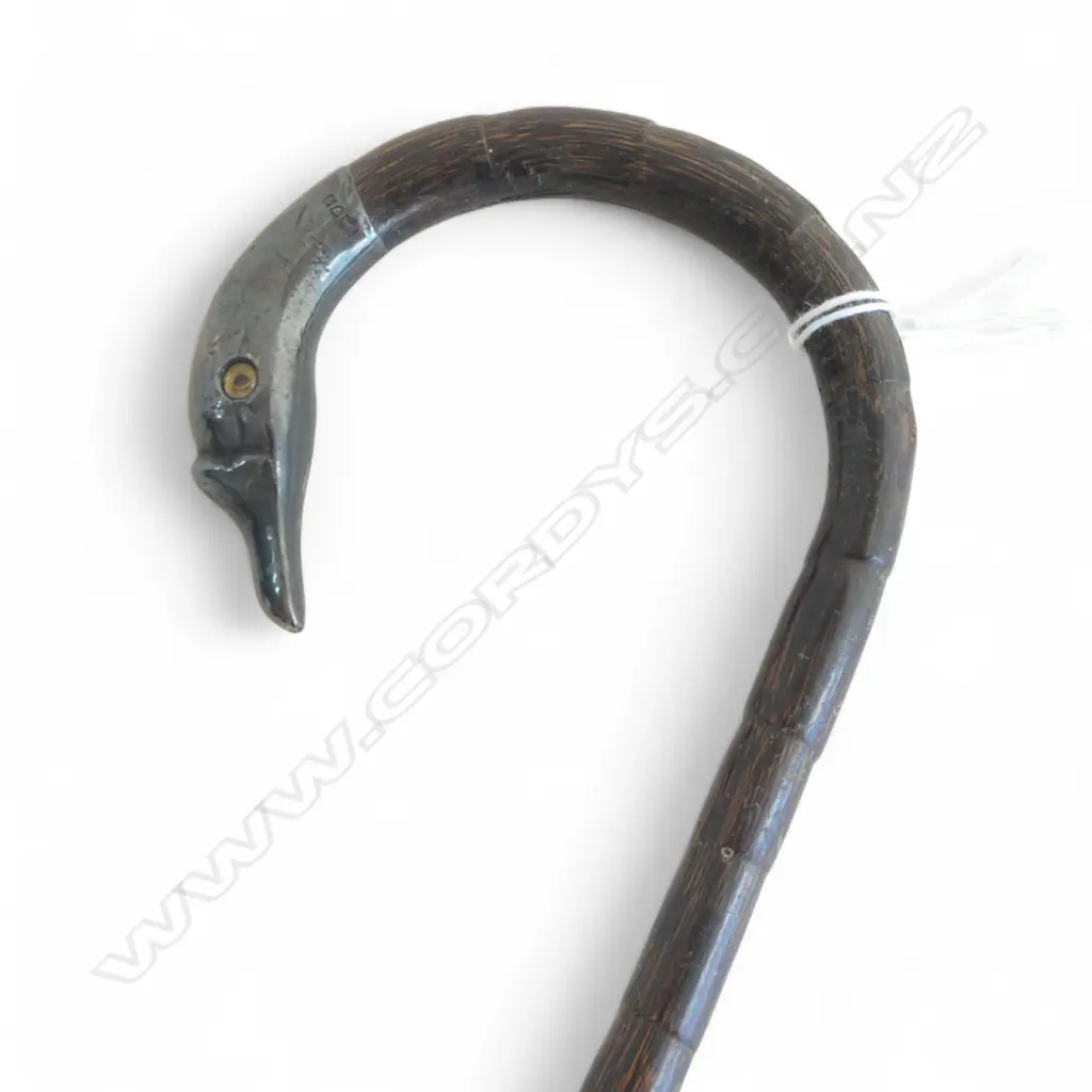 ANTIQUE BLACK FABRIC PARASOL w. STG SILVER BIRD HEAD HANDLE, LONDON 1911 L.915mm Image 1++