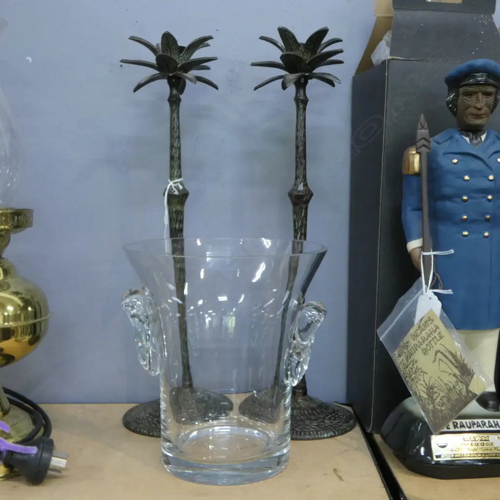 PR BRONZE PALM TREE CANDLESTICKS H.420mm + CRYSTAL CHAMPAGNE BUCKET H.210mm Image 1++