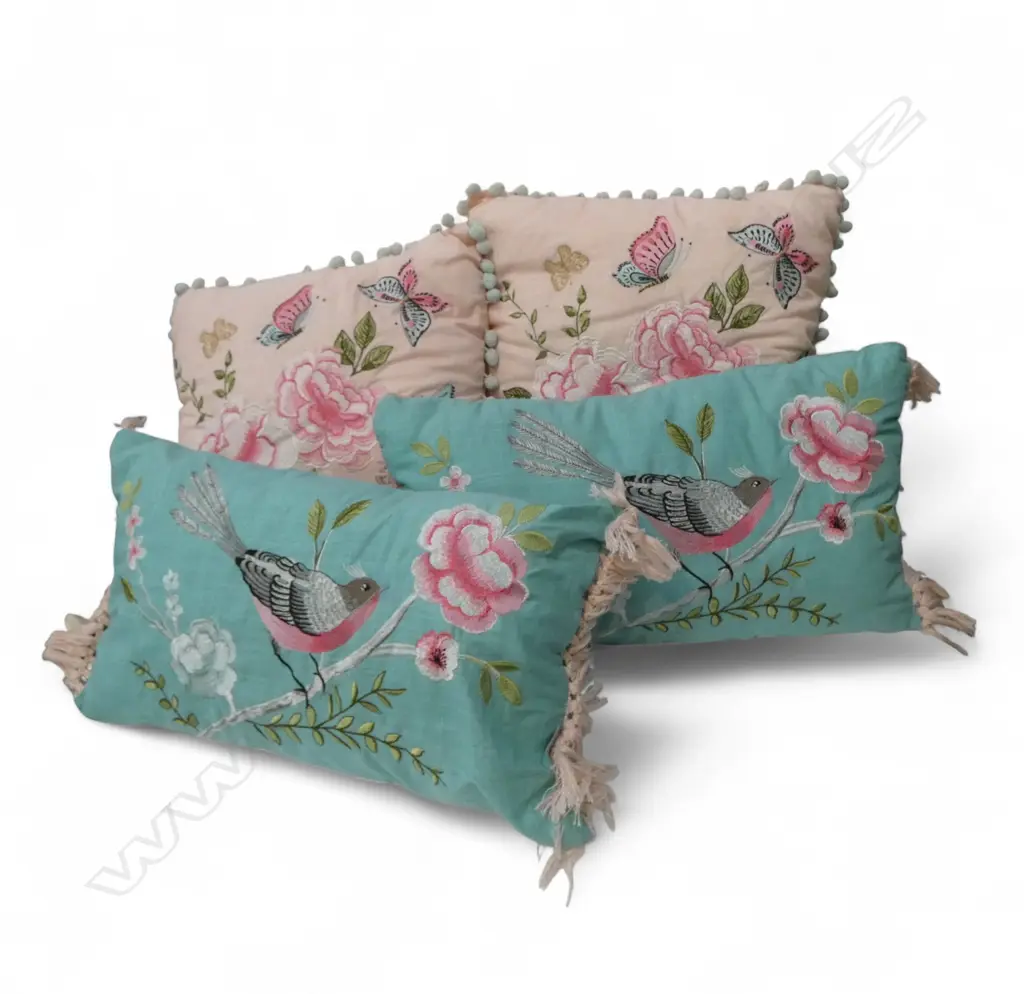 4 EMBROIDERED CUSHIONS 2 blue 2 pink. Birds + butterflies + florals Image 1++
