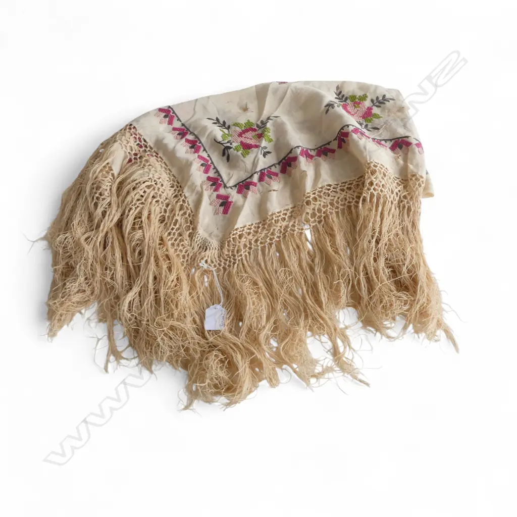FINE SILK EMBROIDED SCARF with tassel fringe. Some distress Image 1++