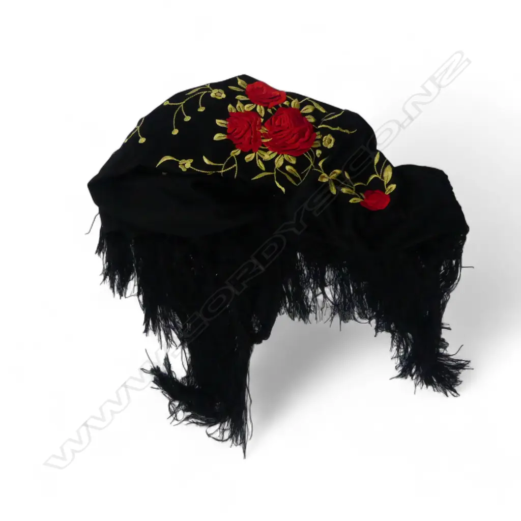 VINTAGE BLACK SHAWL with coloured silk floral embroidery & tassel fringe   Image 1++