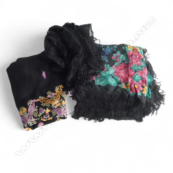 3 VINTAGE BLACK SHAWLS: 1 W COLOURED FLORAL CHAIN STITCHING + 1 patterned