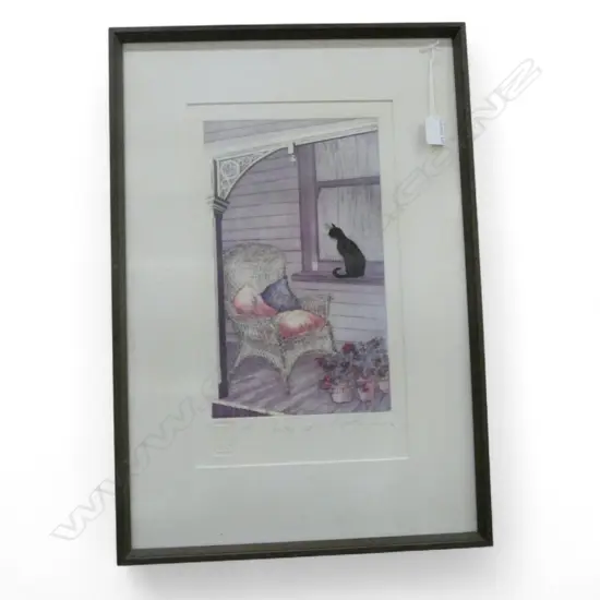 FRAMED ETCHING COUNTRY CAT SIGNED KAREL BURROWS H400 L230MM
