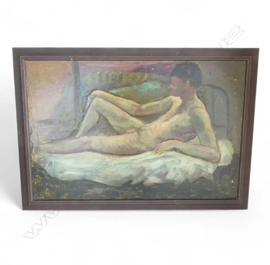 CHARLES ROSE (1921-2017) RECLINING MALE NUDE, OIL ON BOARD 500x750mm Image 1++