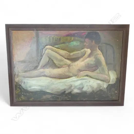 CHARLES ROSE (1921-2017) RECLINING MALE NUDE, OIL ON BOARD 500x750mm