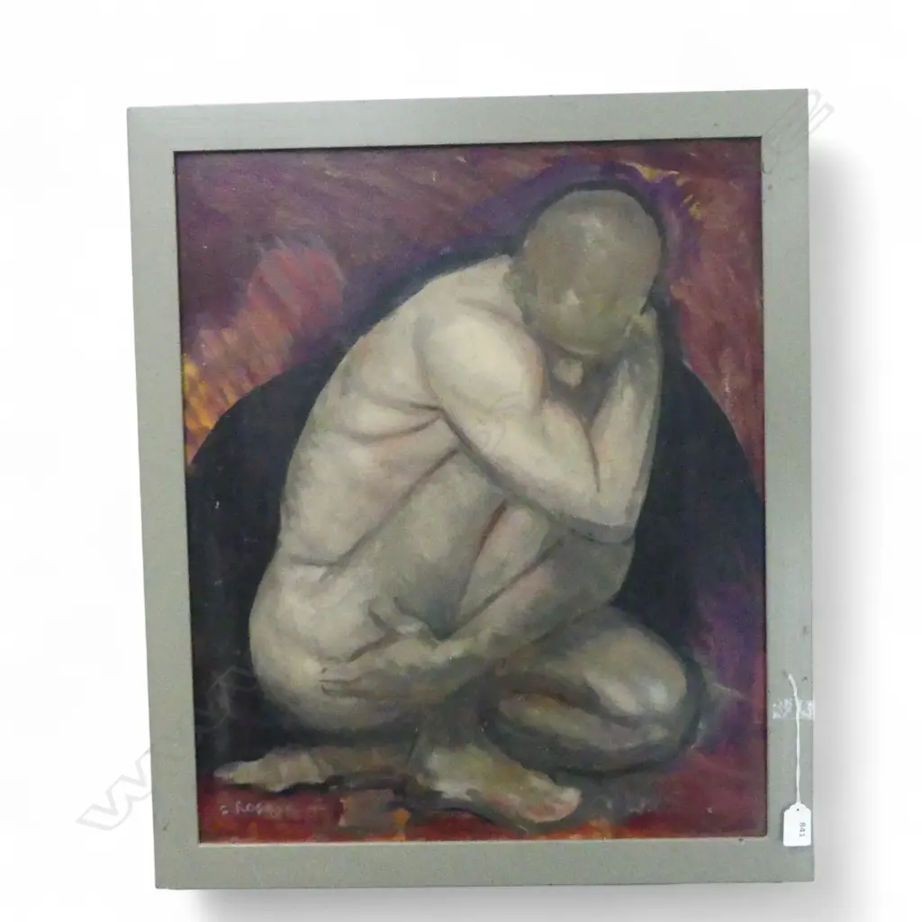 CHARLES ROSE (1921-2017), CROUCHING MALE NUDE, OIL ON CANVAS 590x485mm, SIGNED Image 1++