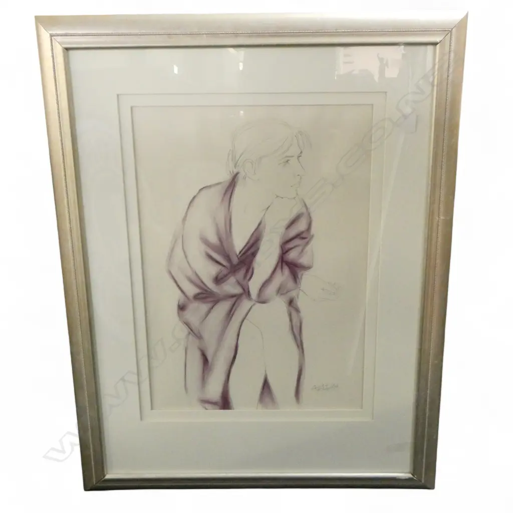 CECILIA RUSSELL, WOMAN IN PURPLE ROBE, PENCIL & CRAYON ON PAPER 570x400mm SIGNED & DATED '98 Image 1++