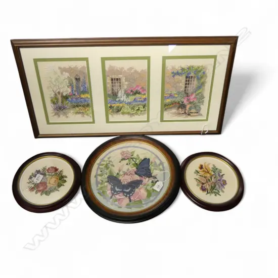 4 HAND EMBROIDED WALL PICTURES 3 ROUND DIA350 &240MM TRIPTIC L730MM