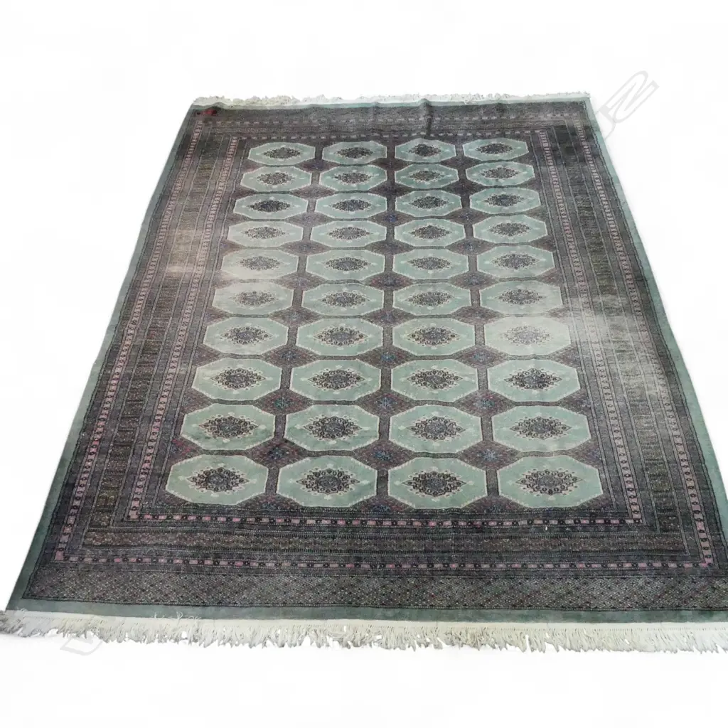 LG HAND KNOTTED WOOL PILE RUG; CELADON GROUND 2850x2230mm, some wear Image 1++