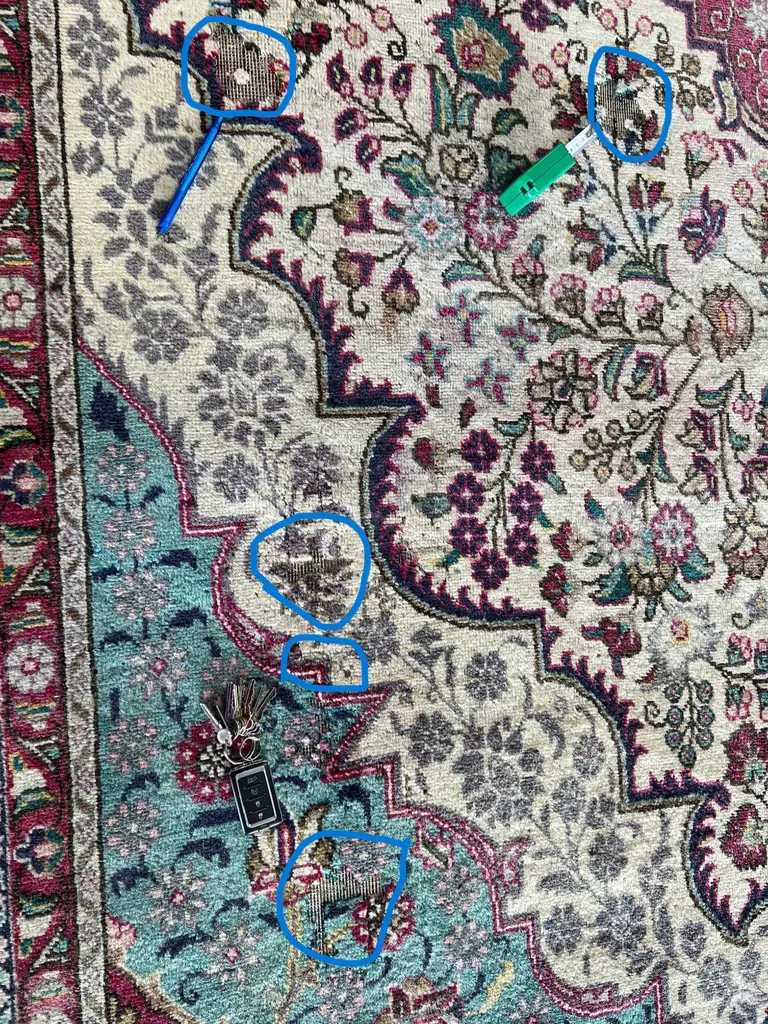 Very large Iranian hand knotted carpet w curvilinear designs & pale tones. 4000 x 3000mm. Faded & some insect damage Image 1++