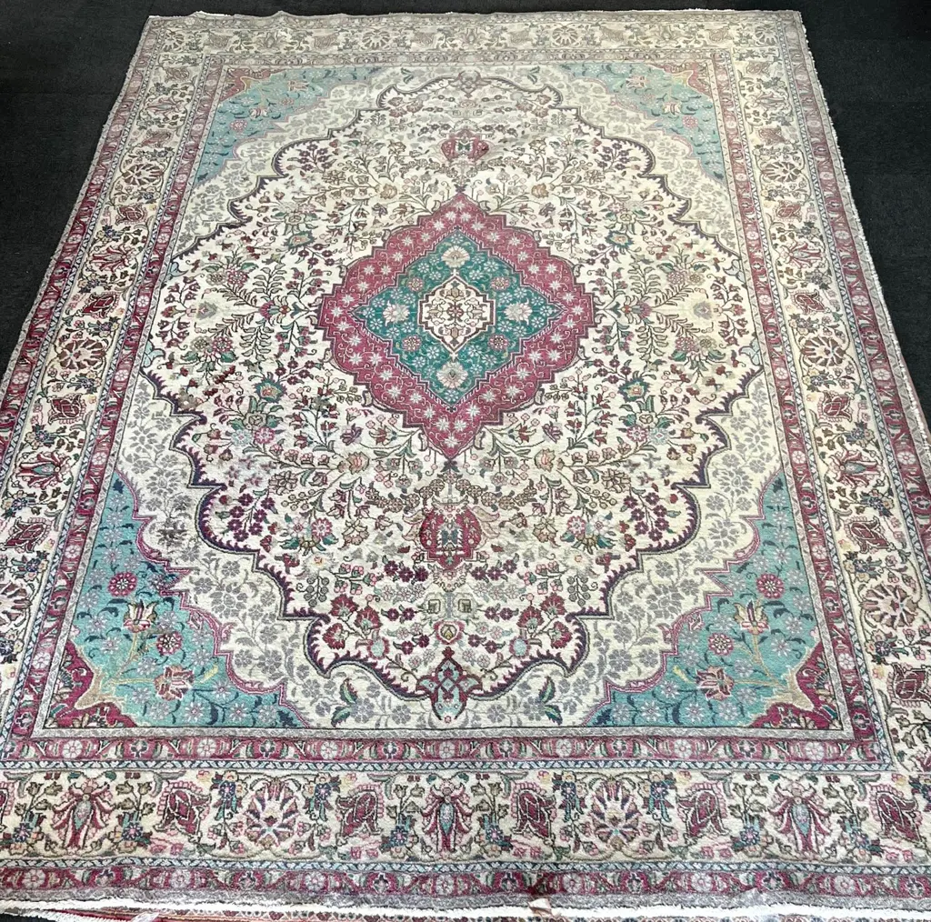 Very large Iranian hand knotted carpet w curvilinear designs & pale tones. 4000 x 3000mm. Faded & some insect damage Image 1++