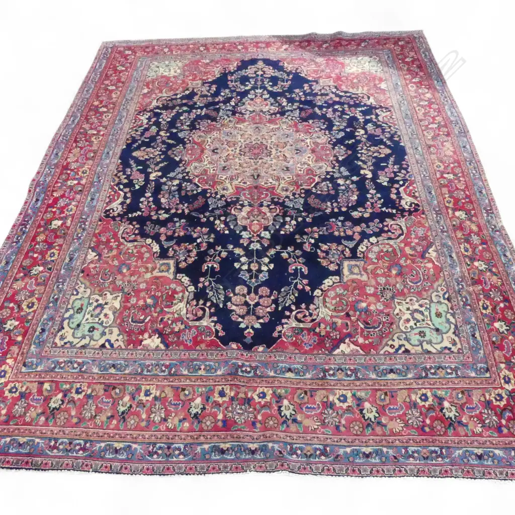 Very large Persian Kashan hand knotted carpet w curvilinear design. Red & red tones. 3950 x 2930mm. 1 small 7cm like cut fault Image 1++