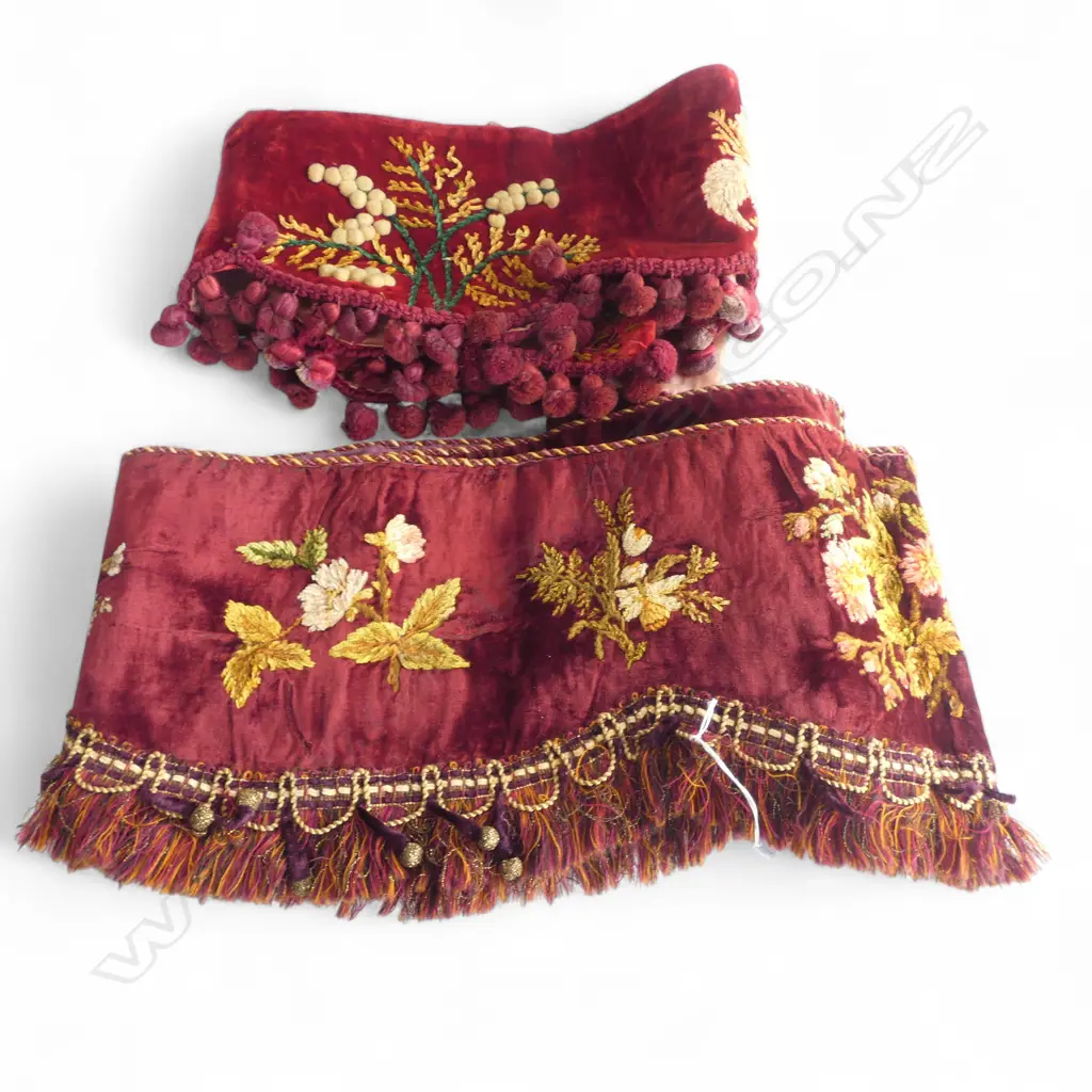 TWO VICTORIAN VELVET AND EMBROIDERED MANTELPIECE FRINGES L.2500mm Image 1++
