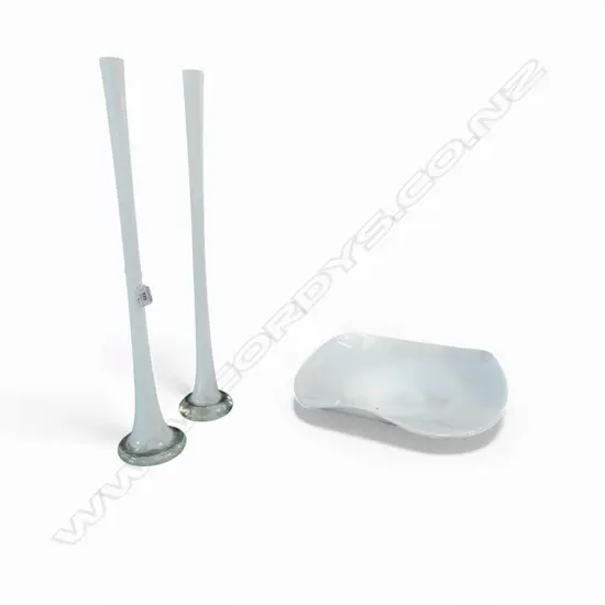 2 TALL MILK GLASS SPIECERMAN VASES H600MM & MILK GLASS BOWL DIA400MM