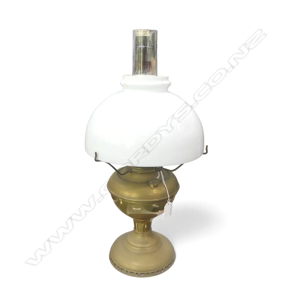 VINTAGE BRASS MILLER TABLE KERO LAMP H510 WITH MILKGLASS SHADE Image 1++