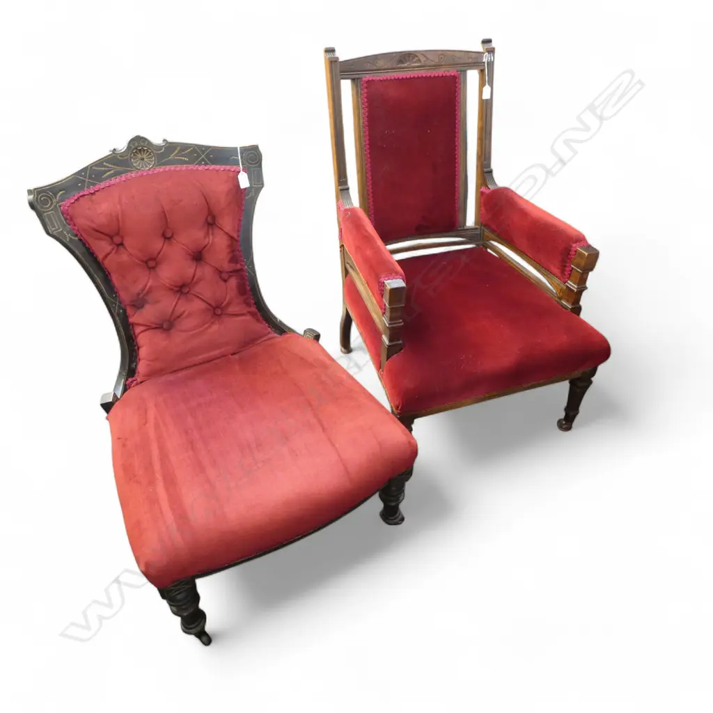 2 RED UPHOLSTERED EDWARDIAN CHAIRS Image 1++
