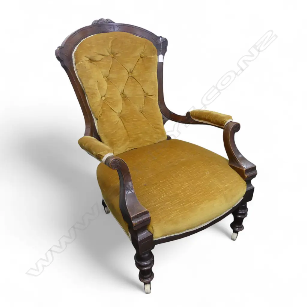 LATE VICTORIAN GREEN UPHOLSTERED BUTTON BACK GRANDFATHER CHAIR  Image 1++