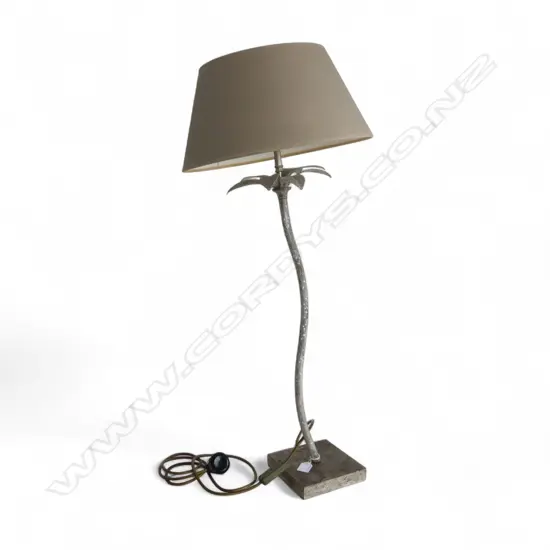 SILVERED METAL TABLE LAMP WITH LIGHT TAUPE COLOURED SHADE 830MM (h)
