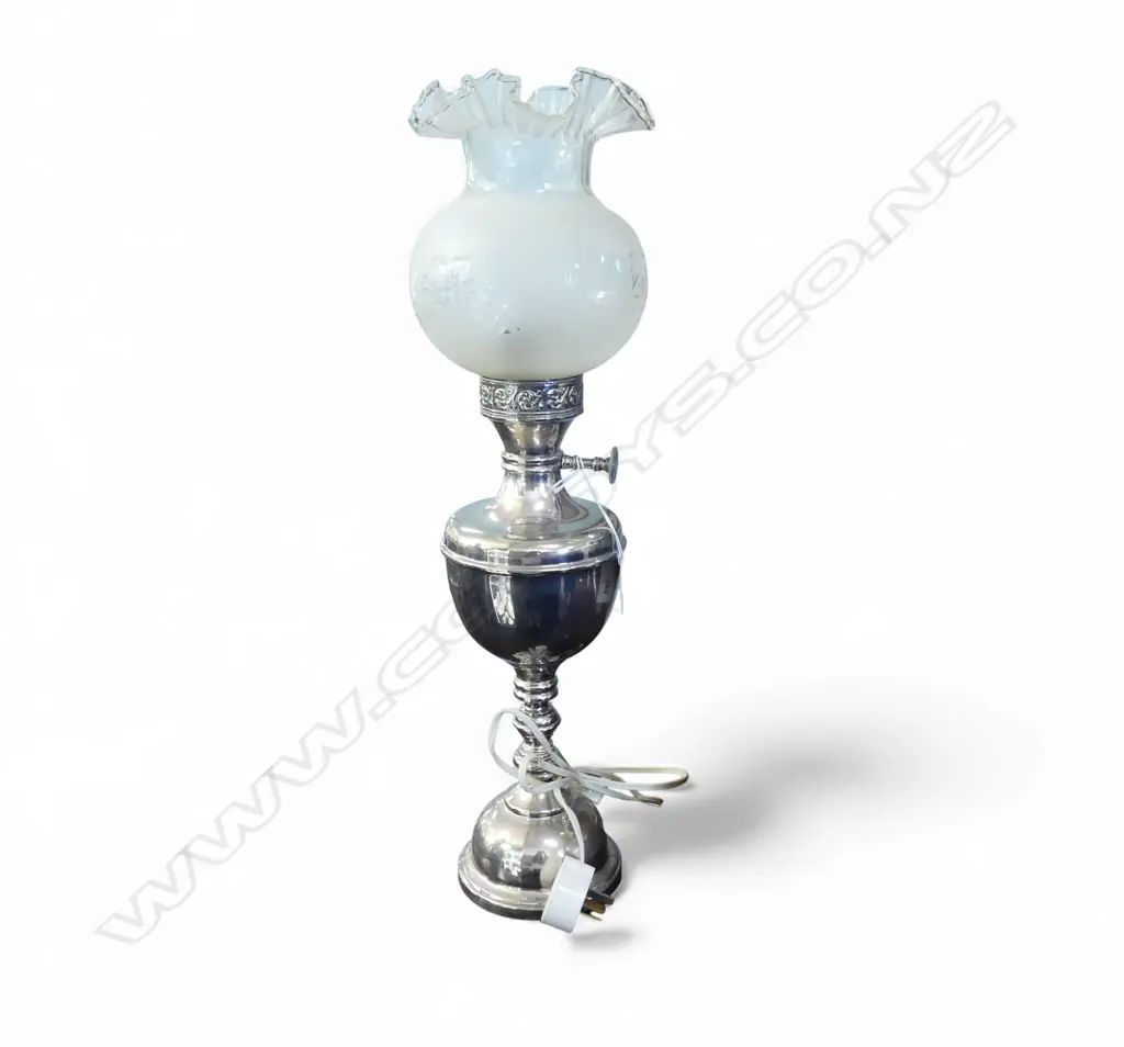 VINTAGE ELECTRIFIED OIL LAMP, SILVER PLATE BASE w GLASS SHADE, H.540mm Image 1++