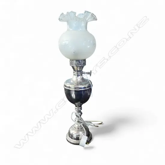 VINTAGE ELECTRIFIED OIL LAMP, SILVER PLATE BASE w GLASS SHADE, H.540mm
