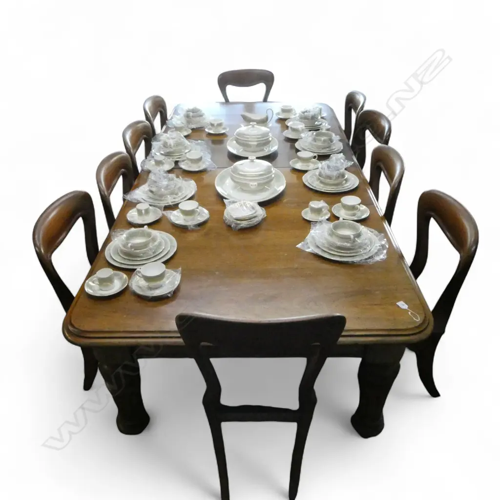 VICTORIAN MAHOGANY EXTENSION DINING TABLE w. 4 LEAVES, CRANK & 10 BALLOON BACK CHAIRS (4 BUTTONED SEAT, 6 RED) Image 1++