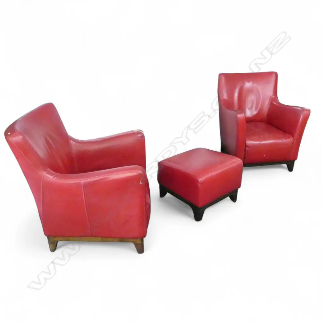2 RED UPHOLSTERED ARMCHAIRS 710x820x850mm with footstool Image 1++