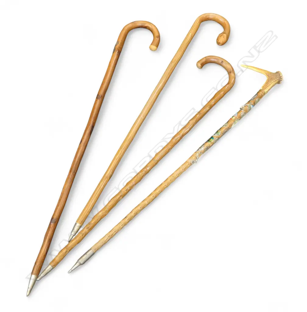 4 WALKING STICKS one with horn handle & German souvenir tags H.970mm Image 1++