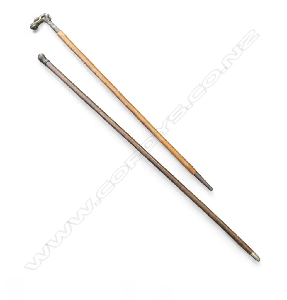 2 WALKING STICKS; BRONZE/BRASS & LEATHER MONGOOSE & SNAKE HANDLE + HORN HANDLE H.920mm  Image 1++