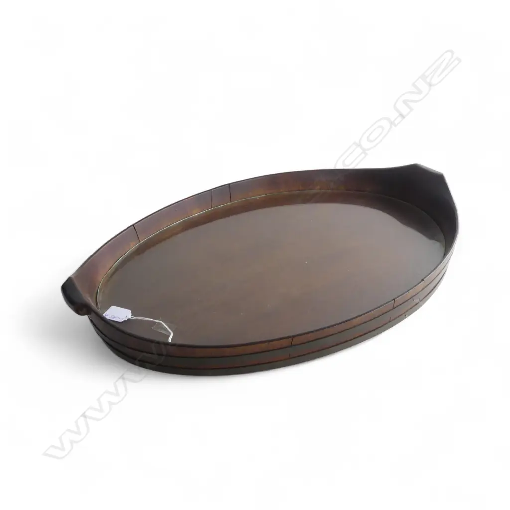 LGE 19THC MAHOGANY OVAL TRAY with glass insert. Coopered w brass bands. some loose sections. L.640mm Image 1++