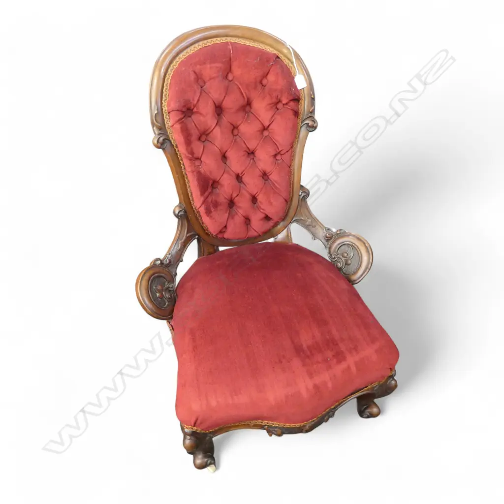 VICTORIAN RED UPHOLSTERED BUTTON BACK GRANDMOTHER CHAIR Image 1++