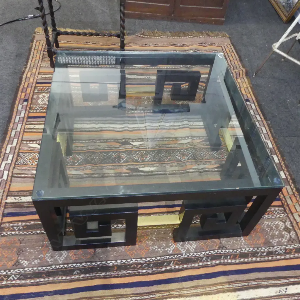 DESIGNER COFFEE TABLE, EBONISED GREEK KEY FRAME, GLASS TOP 850x850x400mm... Image 1++
