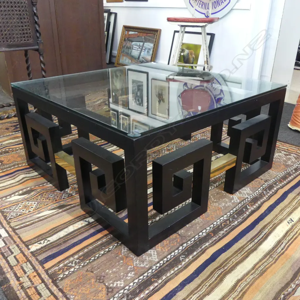 DESIGNER COFFEE TABLE, EBONISED GREEK KEY FRAME, GLASS TOP 850x850x400mm... Image 1++