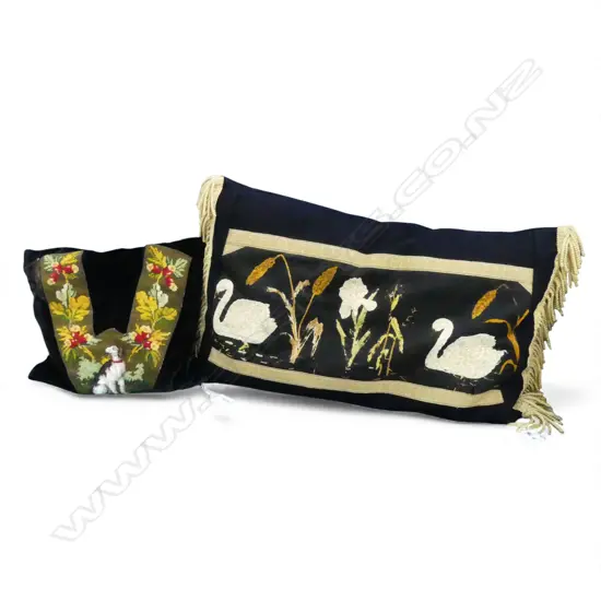 2 VICTORIAN STITCHED & BEADWORK CUSHIONS L550 & 300MM