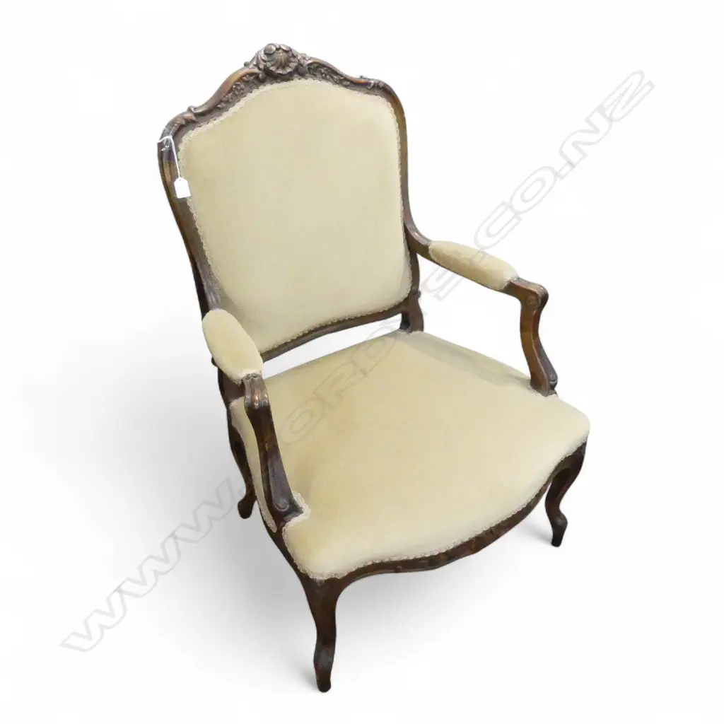 FRENCH FRUITWOOD OPEN ELBOW CHAIR FAWN UPOLSTERY Image 1++