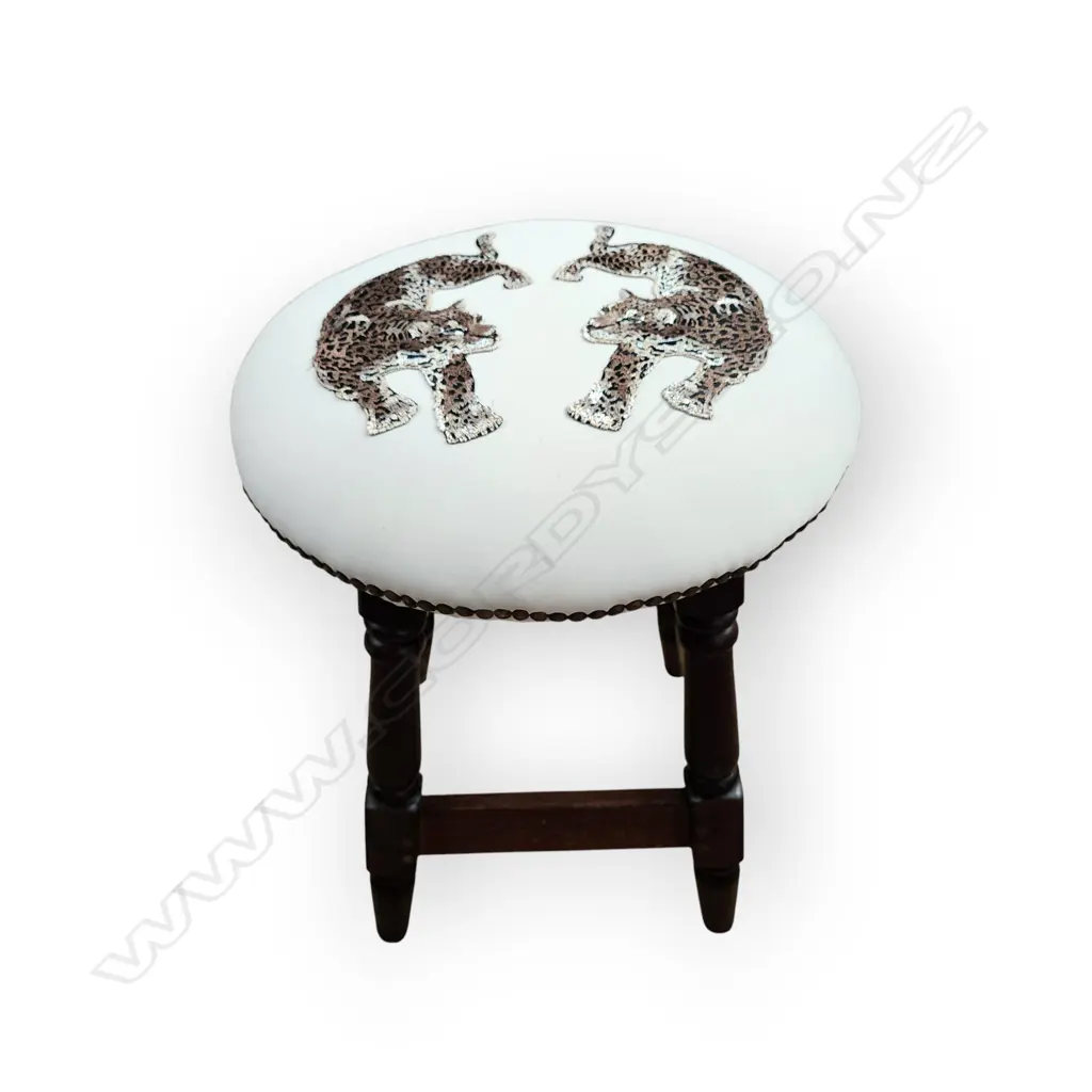 HEAVY PAIR OF VINTAGE WOODEN STOOLS – DARK WOOD UPHOLSTERED SEATS AND STUDDED TRIM. Image 1++