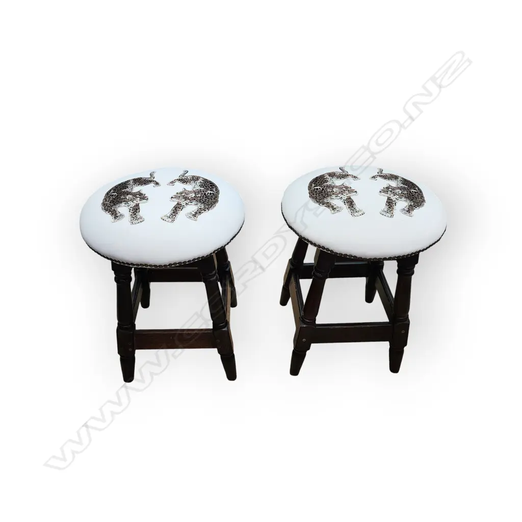 HEAVY PAIR OF VINTAGE WOODEN STOOLS – DARK WOOD UPHOLSTERED SEATS AND STUDDED TRIM. Image 1++