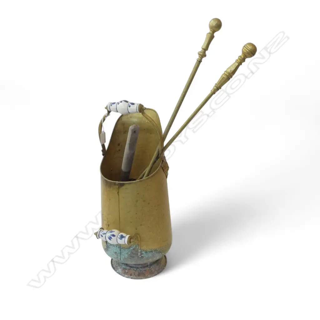 BRASS FIRE BUCKET H.490mm + 3 TOOLS Image 1++