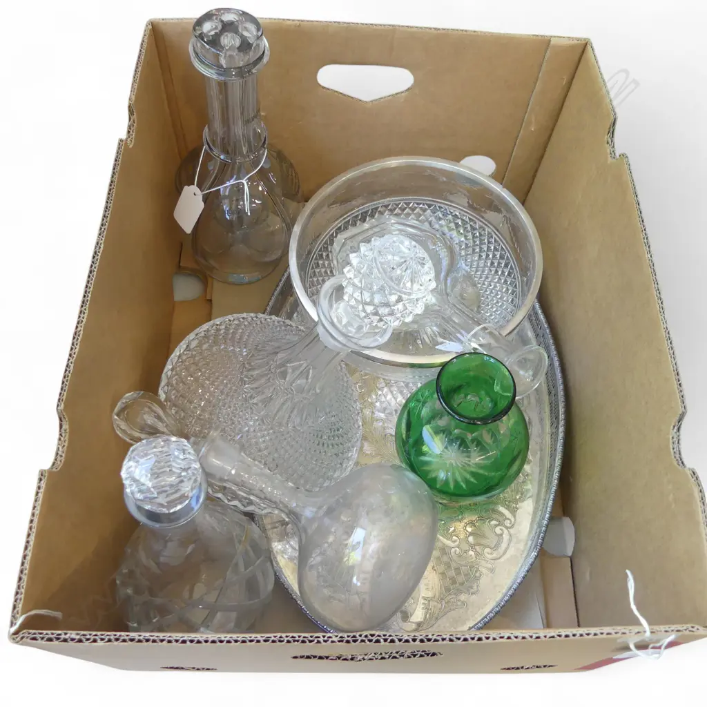 SILVER PLATE TRAY, LRG SILVER RIMMED CRYSTAL BOWL & CRYSTAL/GLASS DECANTERS & VASE Image 1++